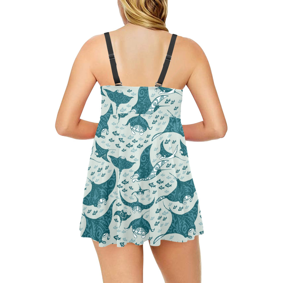 Stingray Pattern Print Design 01 Chest Sexy Pleated Two Piece Swim Dress