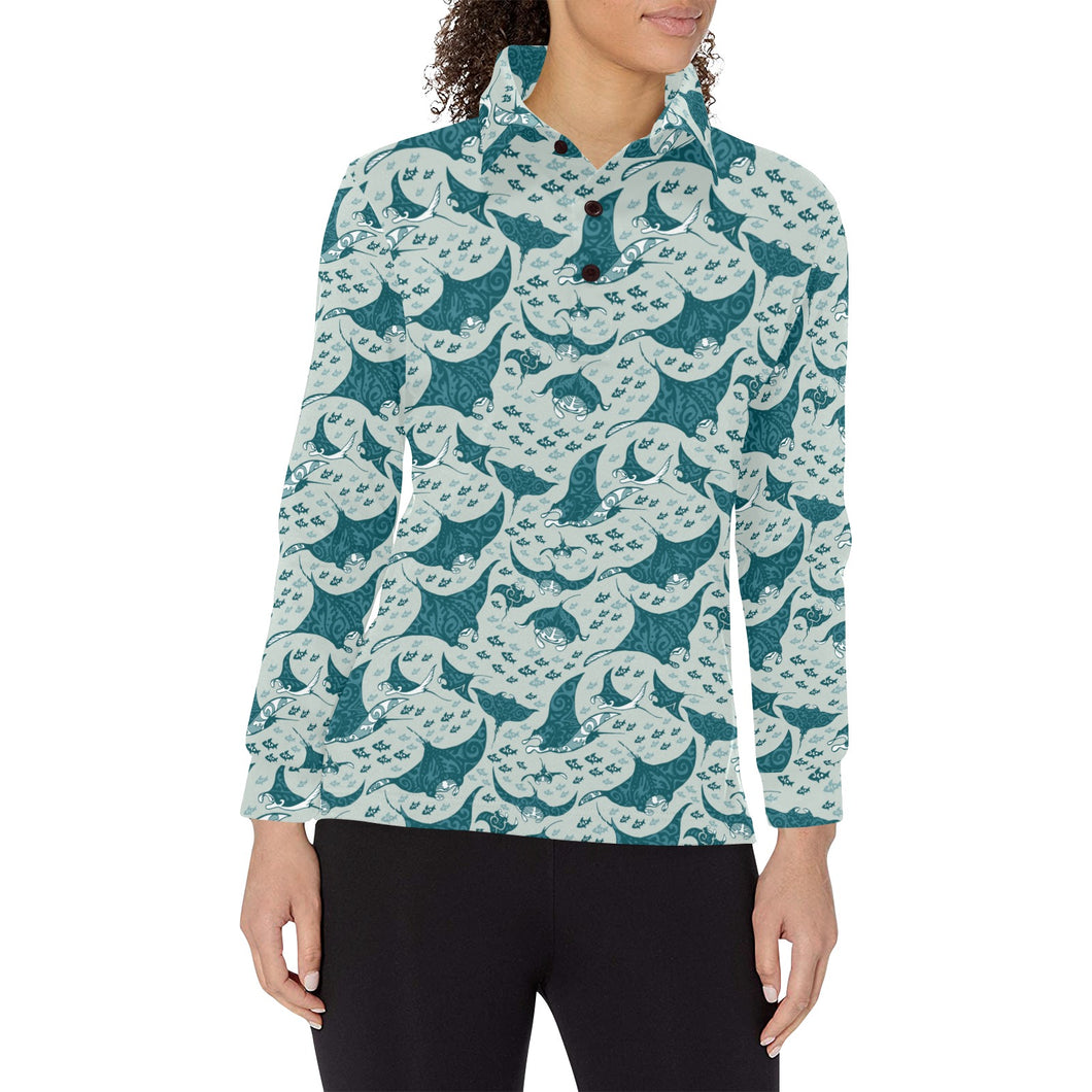 Stingray Pattern Print Design 01 Women's Long Sleeve Polo Shirt