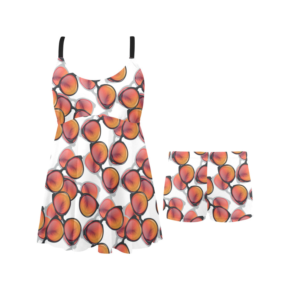 Sun Glasses Pattern Print Design 01 Chest Sexy Pleated Two Piece Swim Dress