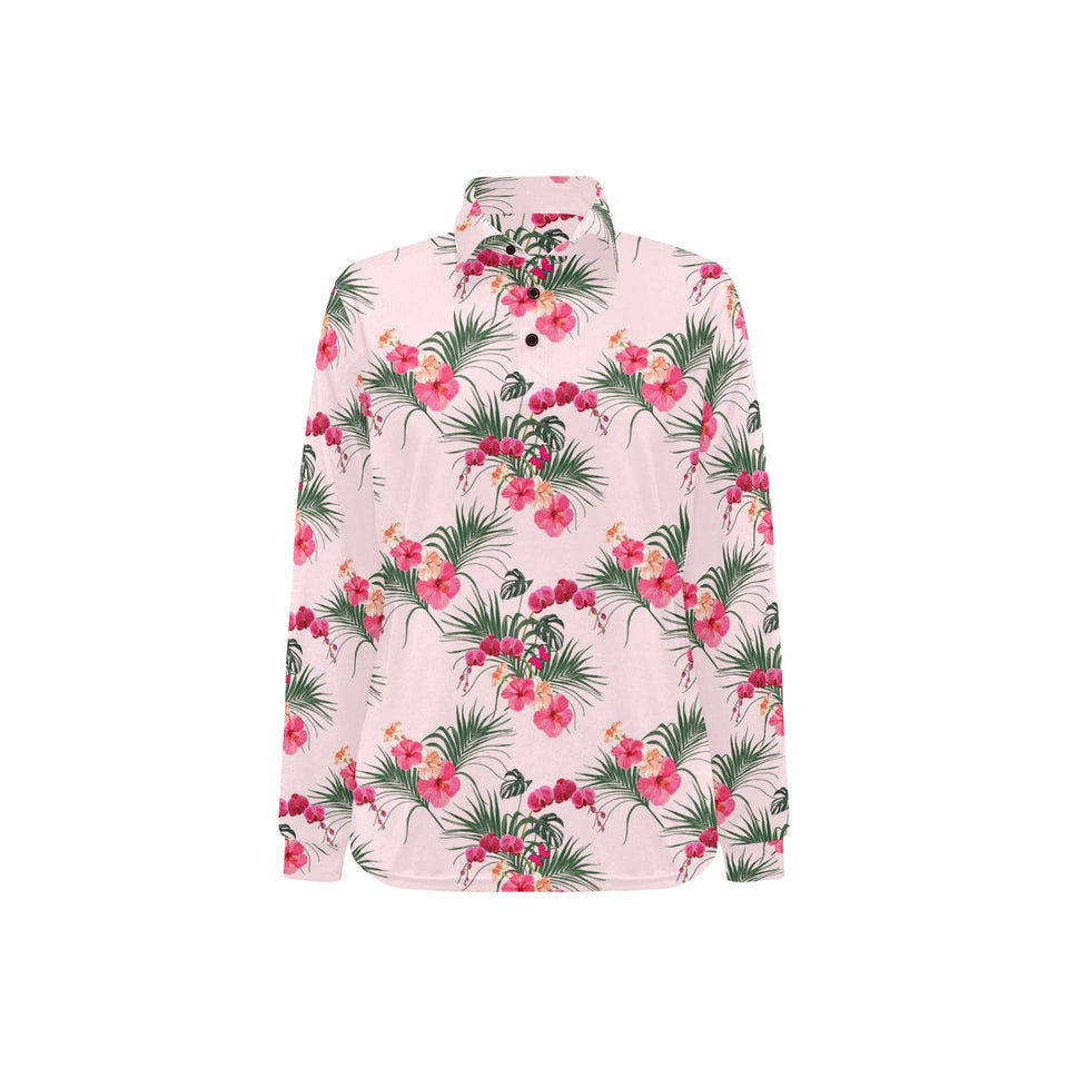 Red Pink Orchid Hibiscus Pattern Women's Long Sleeve Polo Shirt