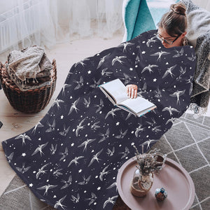 Swallow Pattern Print Design 02 Blanket Robe with Sleeves