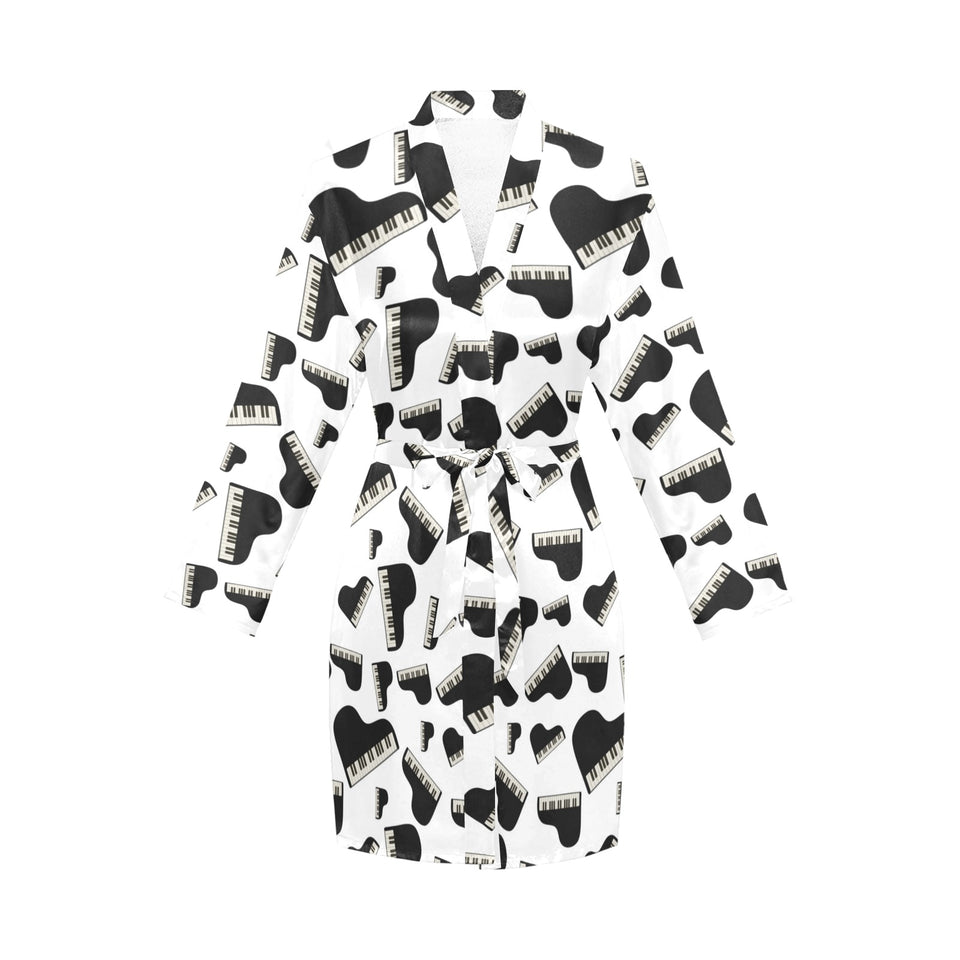 Piano Pattern Print Design 02 Women's Long Sleeve Belted Night Robe