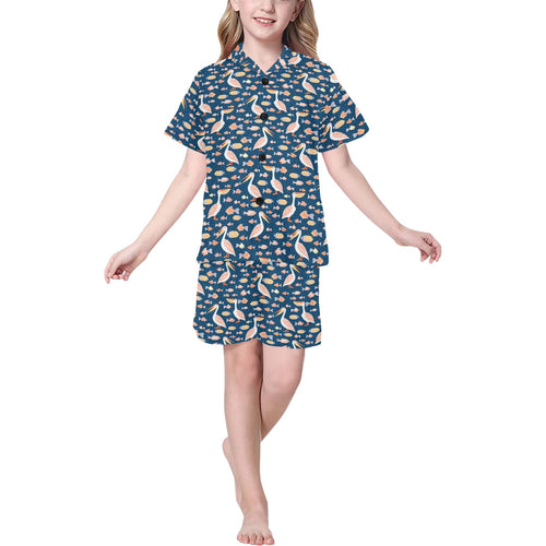 Pelican Pattern Print Design 01 Kids' Boys' Girls' V-Neck Short Pajama Set