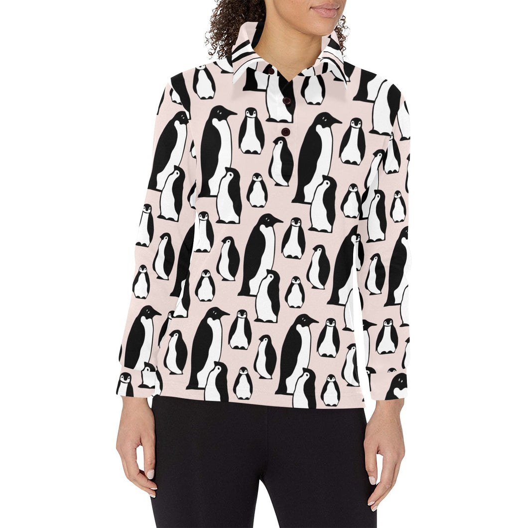 Penguin Pattern Background Women's Long Sleeve Polo Shirt