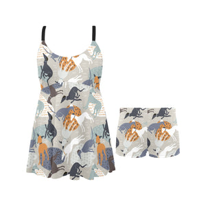 Greyhound Pattern Print Design 04 Chest Sexy Pleated Two Piece Swim Dress