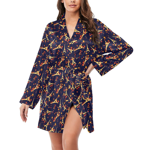 Eiffel Tower Pattern Print Design 02 Women's Long Sleeve Belted Night Robe