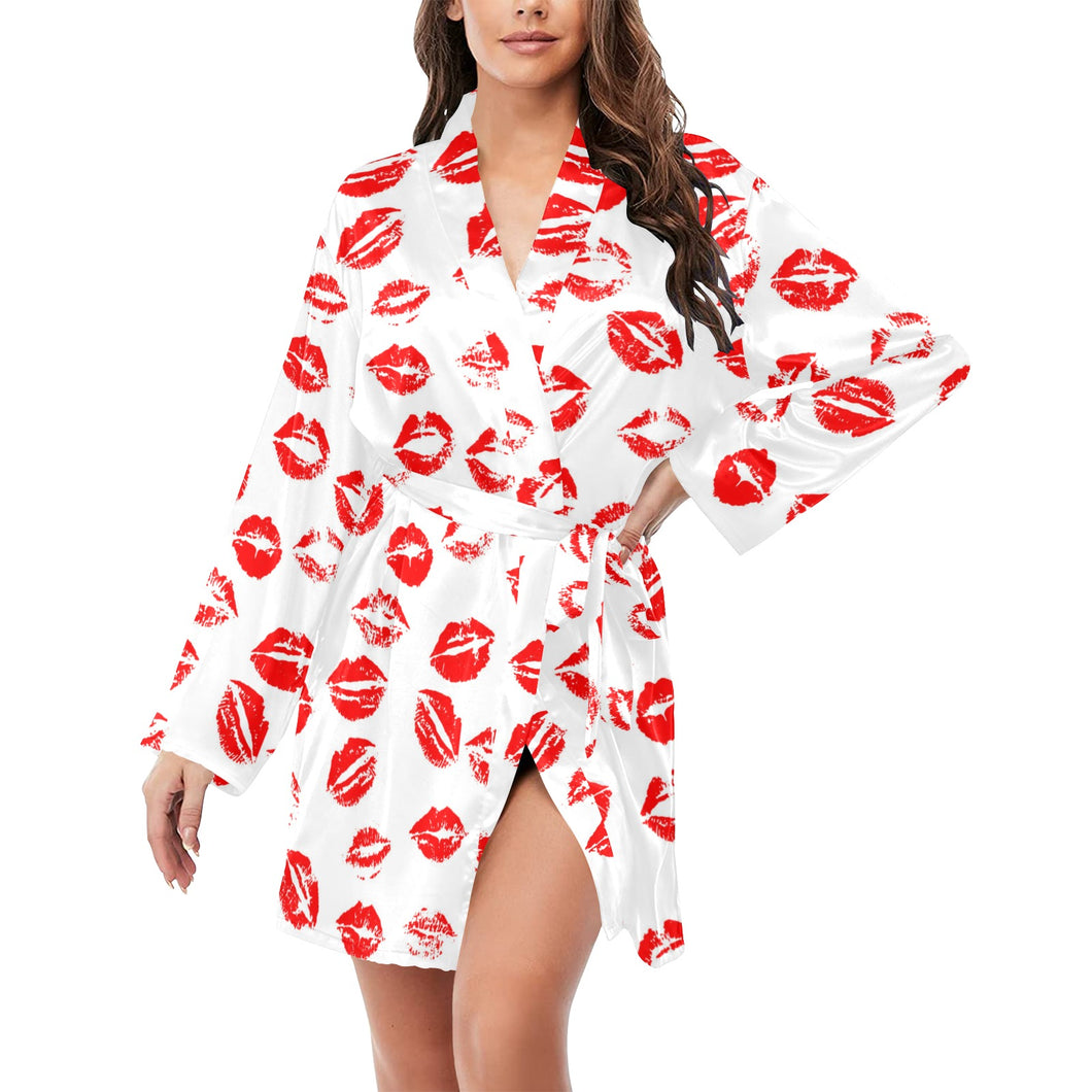 Lips Pattern Print Design 01 Women's Long Sleeve Belted Night Robe