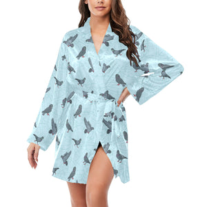 Pigeon Pattern Print Design 02 Women's Long Sleeve Belted Night Robe