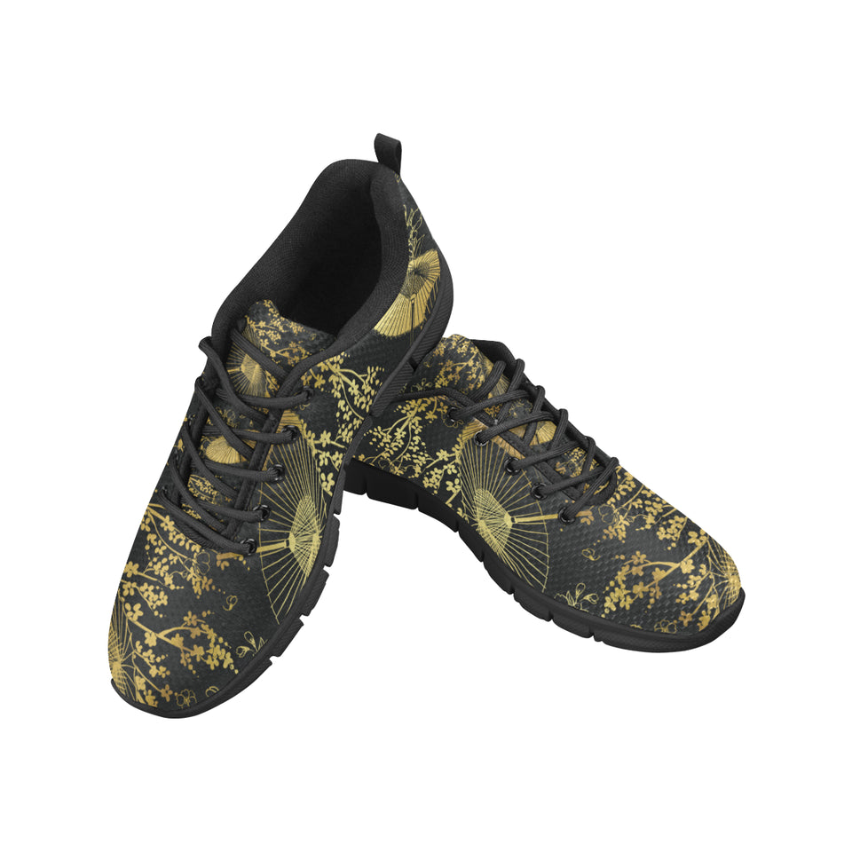 Gold Fan Flower Japanese Pattern Men's Sneakers Black