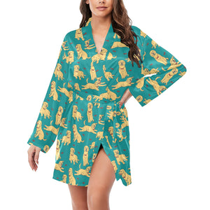 Golden Retriever Pattern Print Design 05 Women's Long Sleeve Belted Night Robe