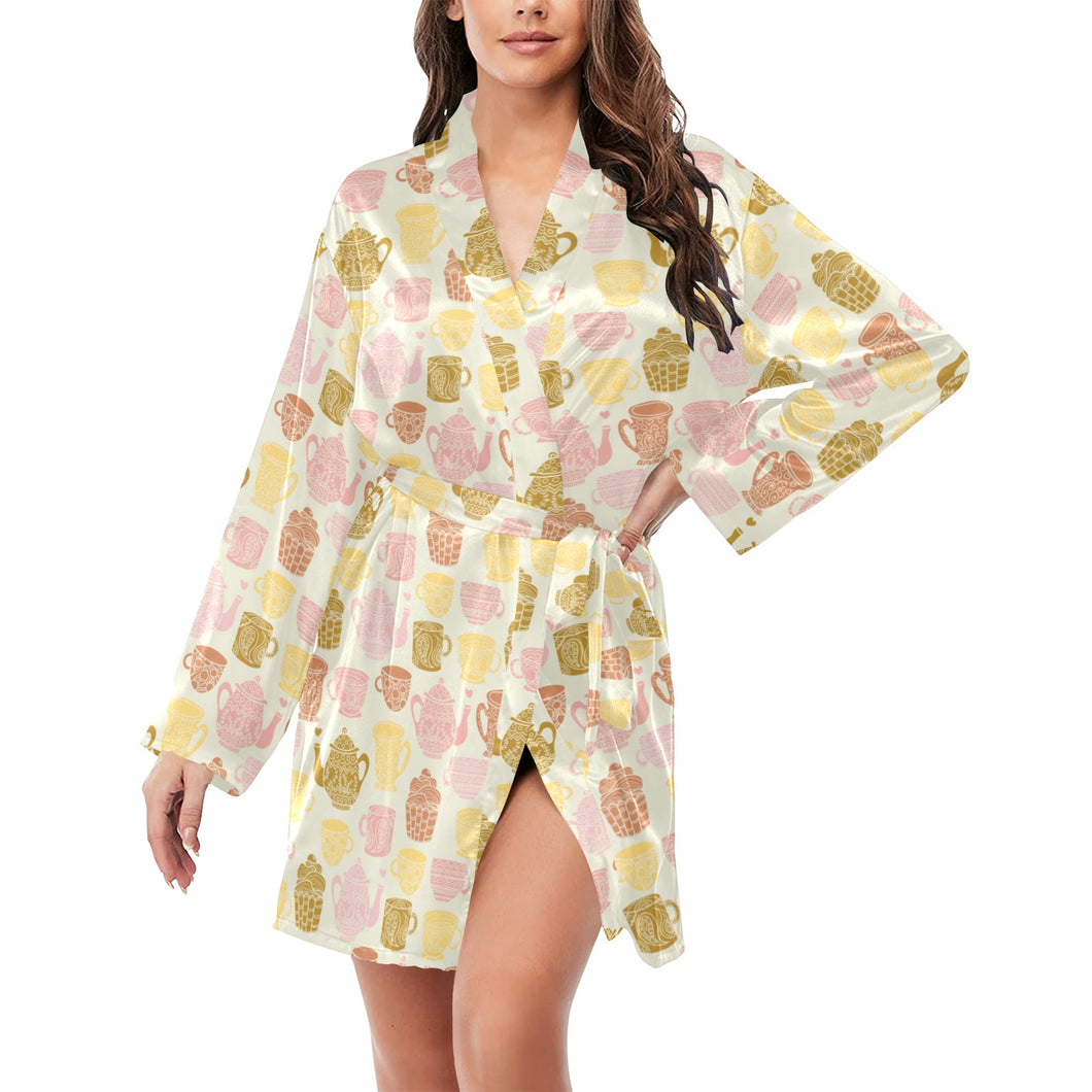 Tea pots Pattern Print Design 02 Women's Long Sleeve Belted Night Robe