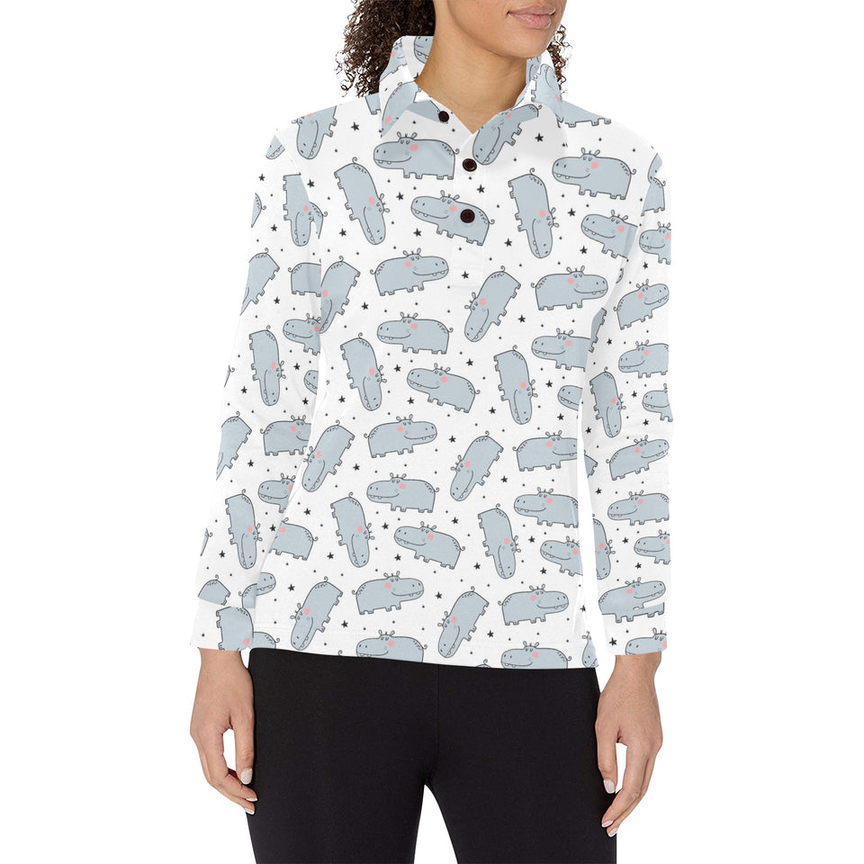 Hippopotamus Pattern Print Design 01 Women's Long Sleeve Polo Shirt