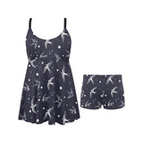 Swallow Pattern Print Design 02 Chest Sexy Pleated Two Piece Swim Dress