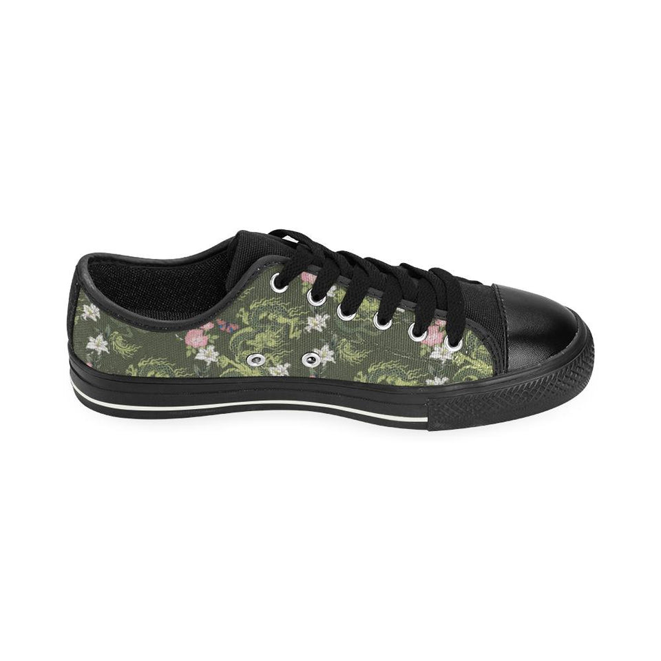 Green Dragon Rose Flower Pattern Kids' Boys' Girls' Low Top Canvas Shoes Black