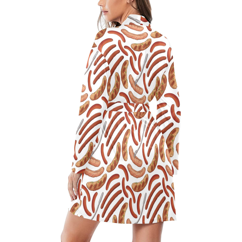 Sausage Pattern Print Design 05 Women's Long Sleeve Belted Night Robe