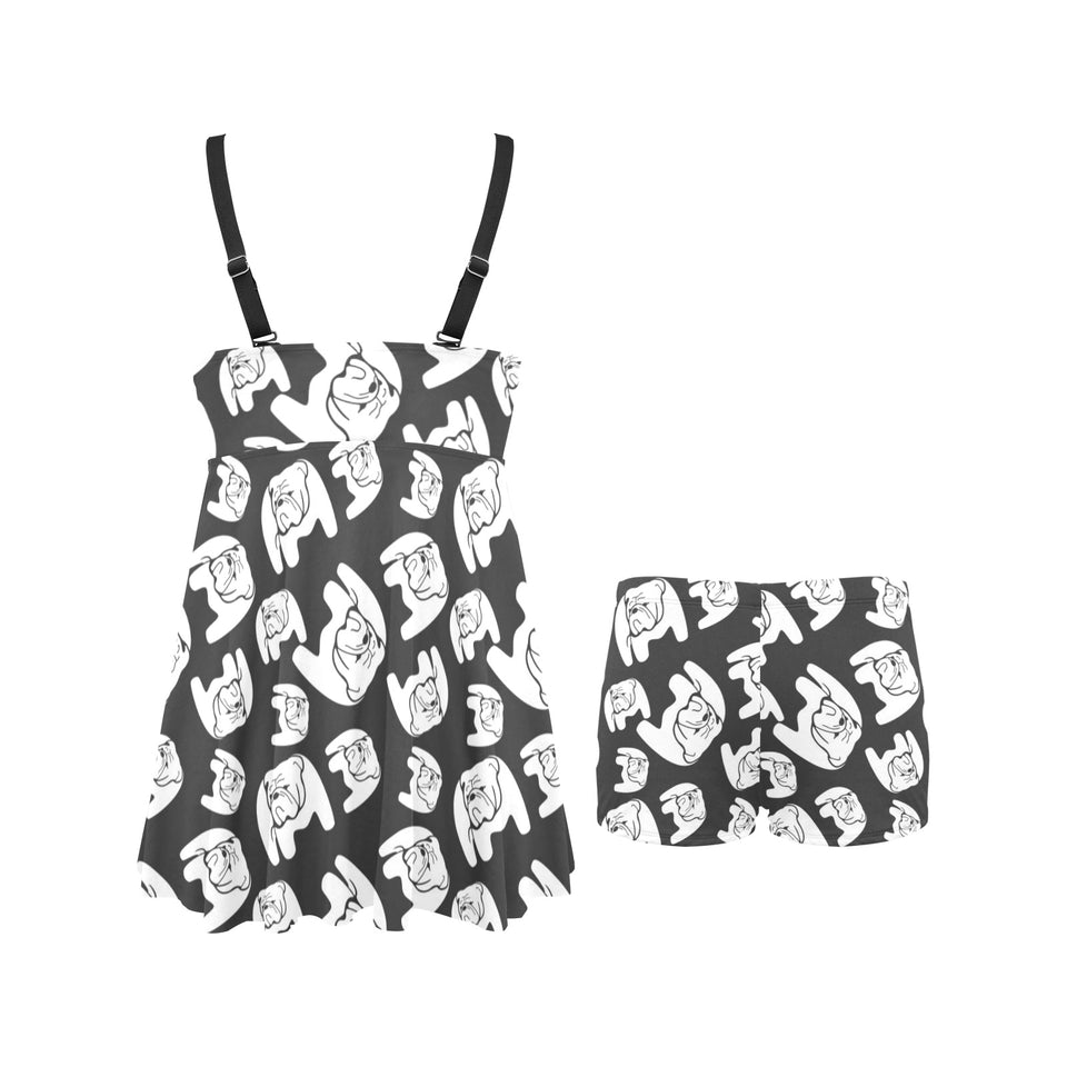 English Bulldog Pattern Print Design 02 Chest Sexy Pleated Two Piece Swim Dress