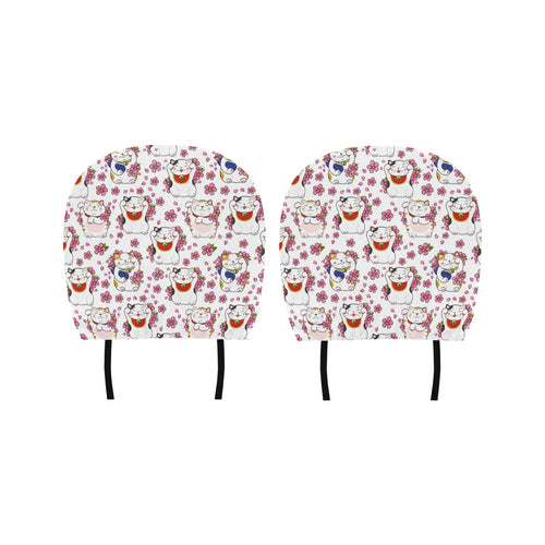 Meneki Neko Lucky Cat Sakura Flower Pattern Car Headrest Cover