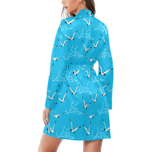 Seagull Pattern Print Design 05 Women's Long Sleeve Belted Night Robe