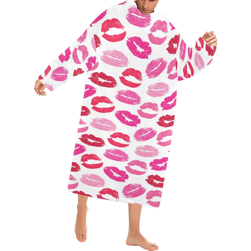 Lips Pattern Print Design 05 Blanket Robe with Sleeves