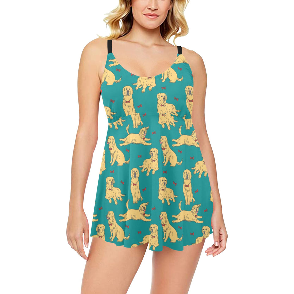 Golden Retriever Pattern Print Design 05 Chest Sexy Pleated Two Piece Swim Dress