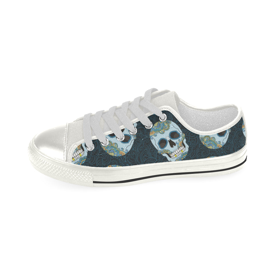 Suger Skull Pattern Women's Low Top Canvas Shoes White