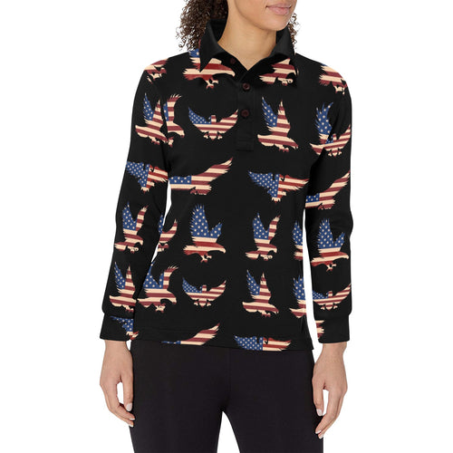 Eagle Pattern Print Design 04 Women's Long Sleeve Polo Shirt