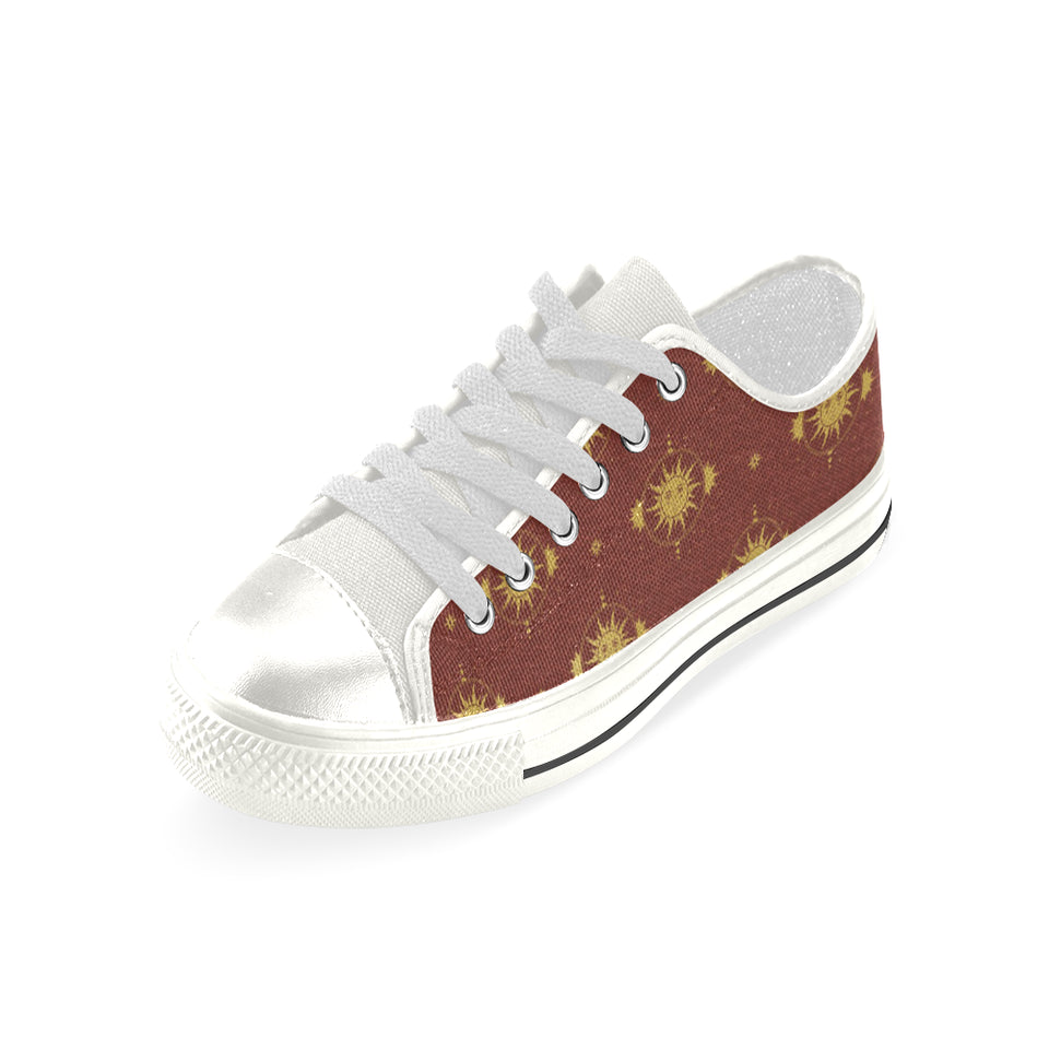 Sun Pattern Red Background Women's Low Top Canvas Shoes White