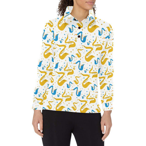 Saxophone Pattern Women's Long Sleeve Polo Shirt