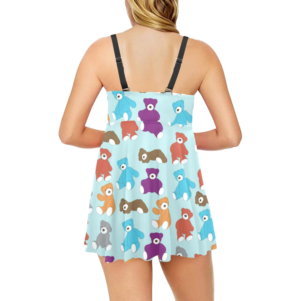 Teddy Bear Pattern Print Design 03 Chest Sexy Pleated Two Piece Swim Dress