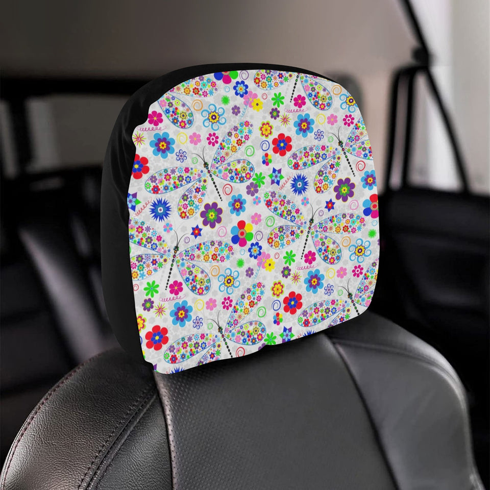 Dragonfly Color Flower Pattern Car Headrest Cover