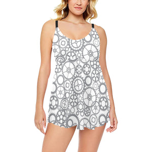 Gear Pattern Print Design 05 Chest Sexy Pleated Two Piece Swim Dress