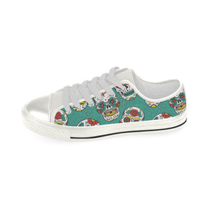 Suger Skull Pattern Green Background Women's Low Top Canvas Shoes White