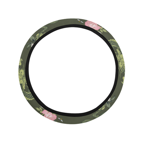 Green Dragon Rose Flower Pattern Car Steering Wheel Cover