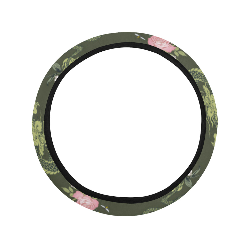 Green Dragon Rose Flower Pattern Car Steering Wheel Cover