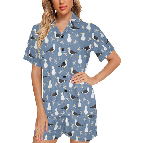 Seagull Pattern Print Design 01 Women's V-Neck Short Pajama Set