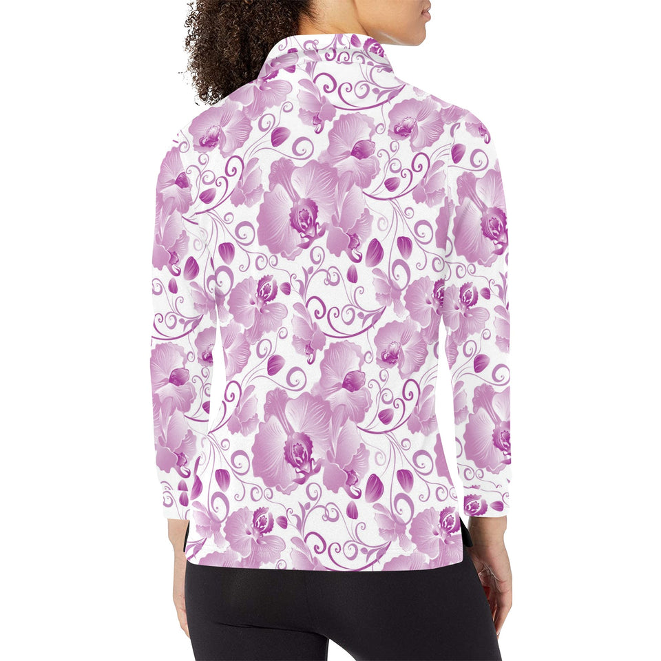 Orchid Pattern Women's Long Sleeve Polo Shirt