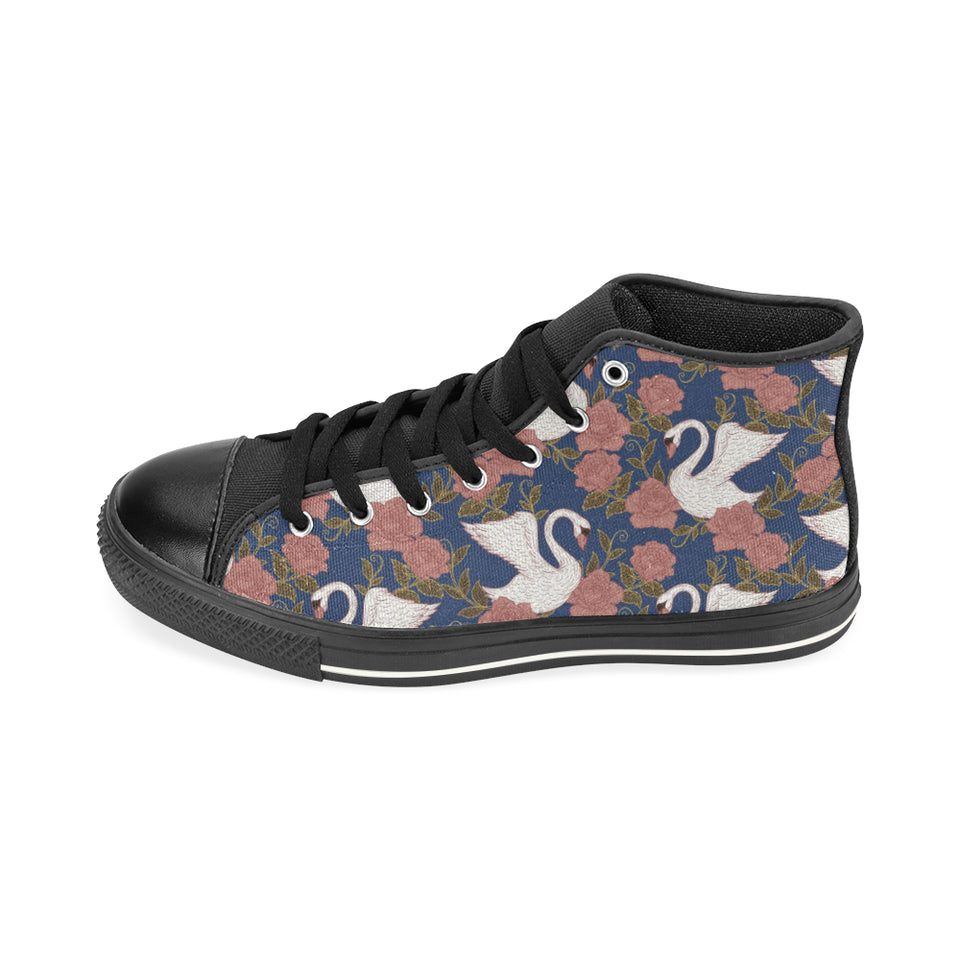 Swan Rose Pattern Men's High Top Canvas Shoes Black