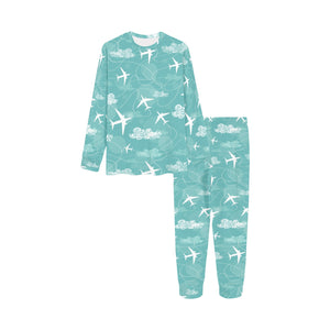 Airplane Cloud Pattern Green Background Kids' Boys' Girls' All Over Print Pajama Set
