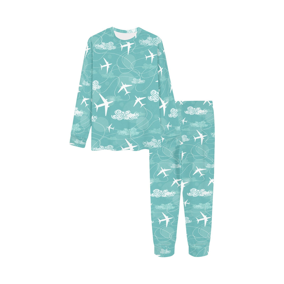 Airplane Cloud Pattern Green Background Kids' Boys' Girls' All Over Print Pajama Set