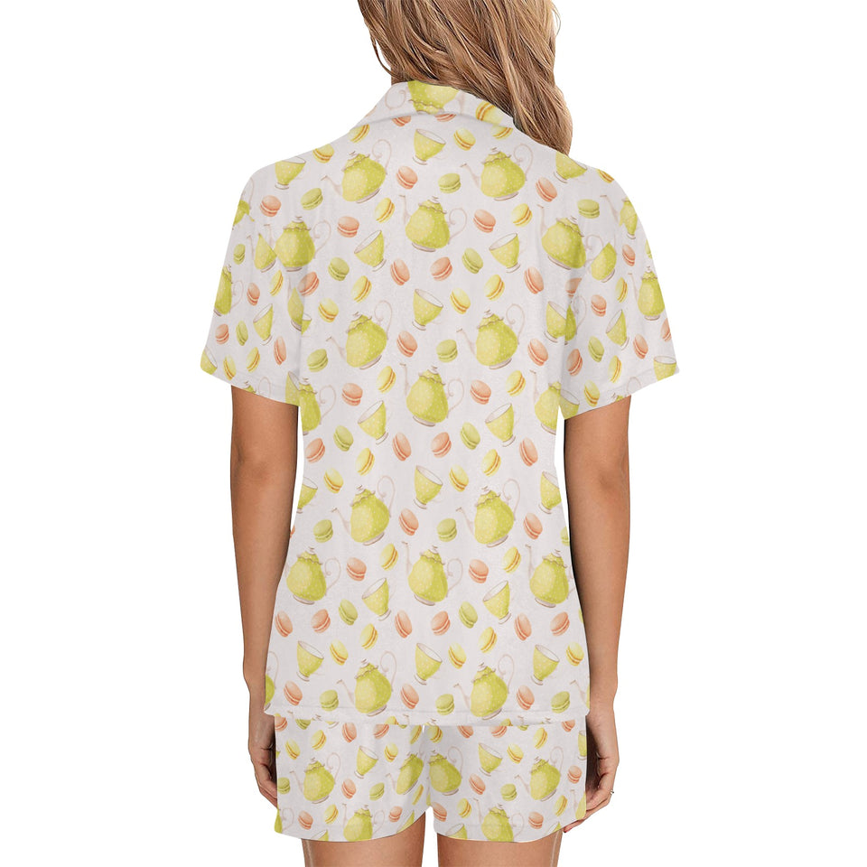 Tea pots Pattern Print Design 03 Women's V-Neck Short Pajama Set