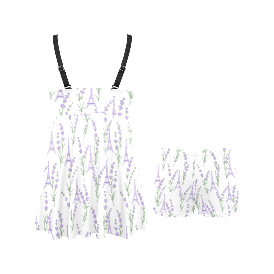 Eiffel Tower Lavender Pattern Print Design 01 Chest Sexy Pleated Two Piece Swim Dress