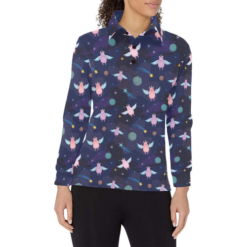 Pig Pattern Print Design 05 Women's Long Sleeve Polo Shirt