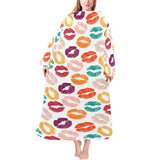 Lips Pattern Print Design 03 Blanket Robe with Sleeves