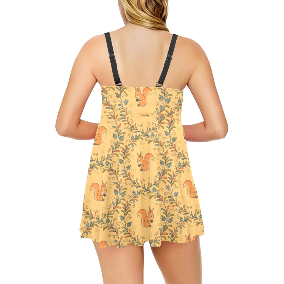 Squirrel Pattern Print Design 01 Chest Sexy Pleated Two Piece Swim Dress