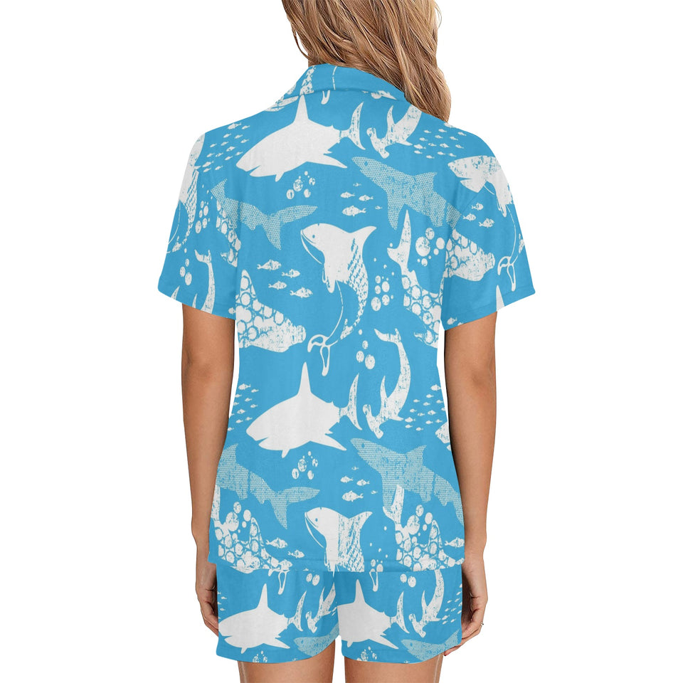 Shark Pattern Blue Theme Women's V-Neck Short Pajama Set