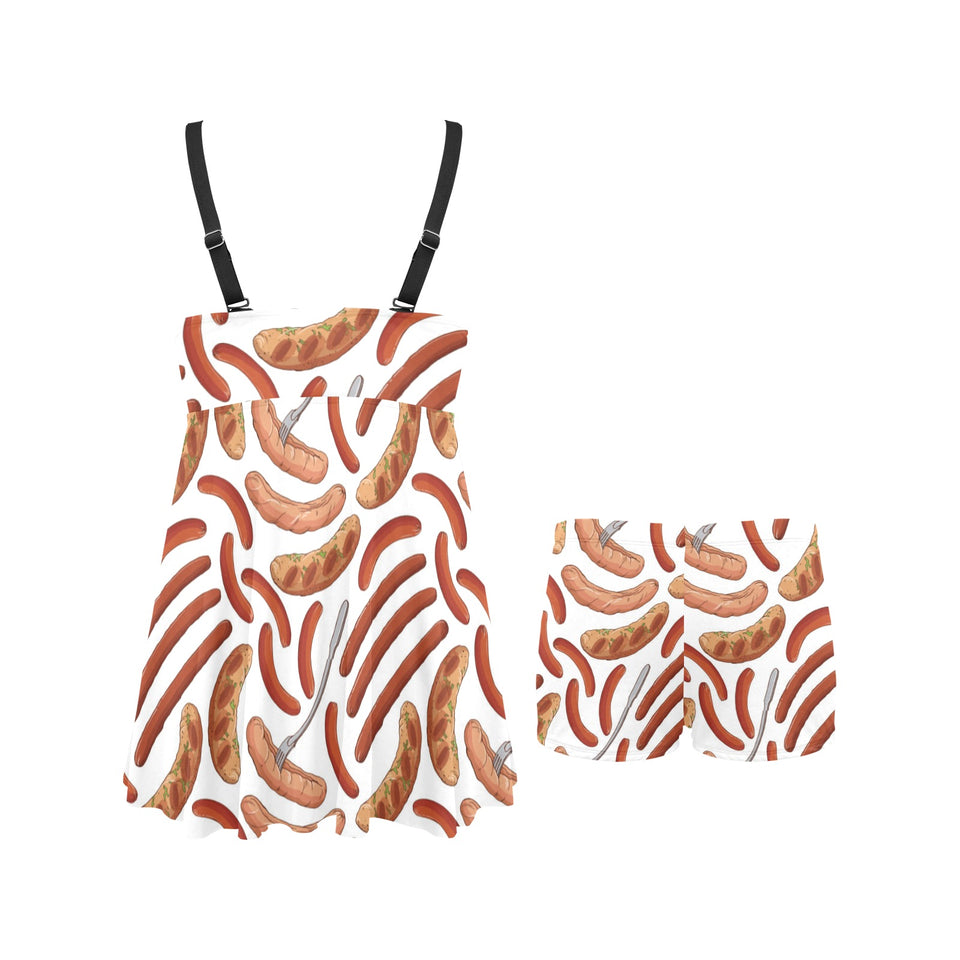 Sausage Pattern Print Design 05 Chest Sexy Pleated Two Piece Swim Dress