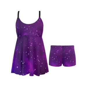 Pink Space Galaxy Pattern4 Chest Sexy Pleated Two Piece Swim Dress