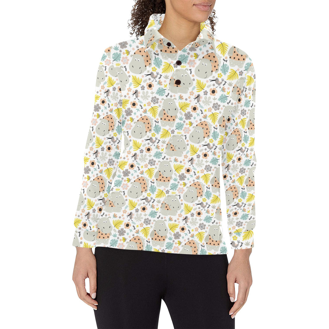 Hippopotamus Pattern Print Design 05 Women's Long Sleeve Polo Shirt