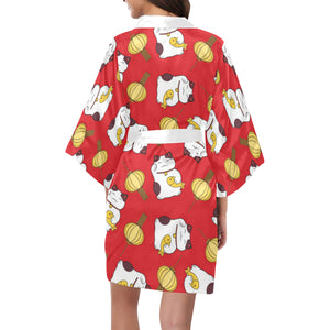 Meneki Neko Lucky Cat Pattern Red Theme Women's Short Kimono Robe