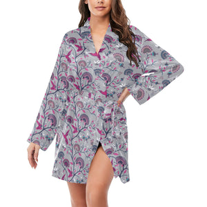 Hummingbird Pattern Print Design 04 Women's Long Sleeve Belted Night Robe